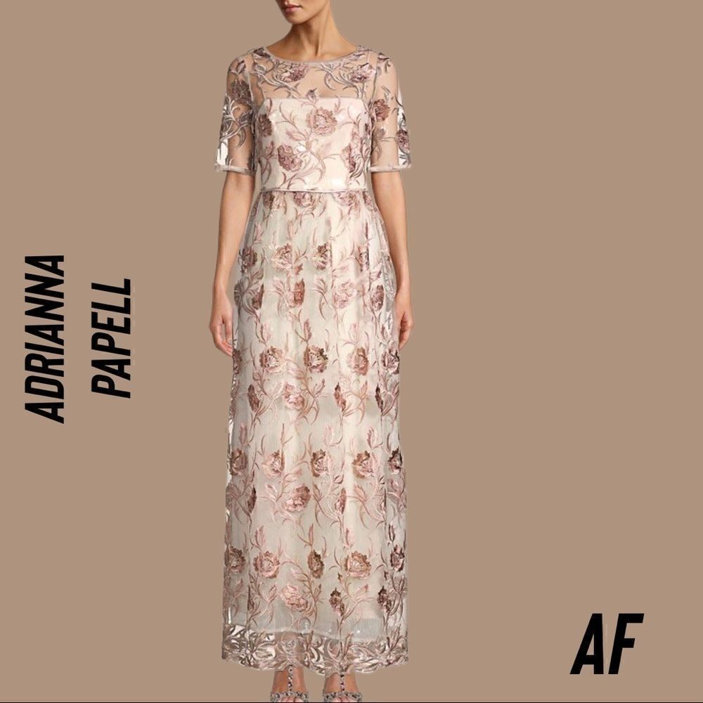 ADRIANNA PAPELL MOTHER OF THE BRIDE MAXI DRESS NWT TAUPE EMBELLISHED SIZE 4